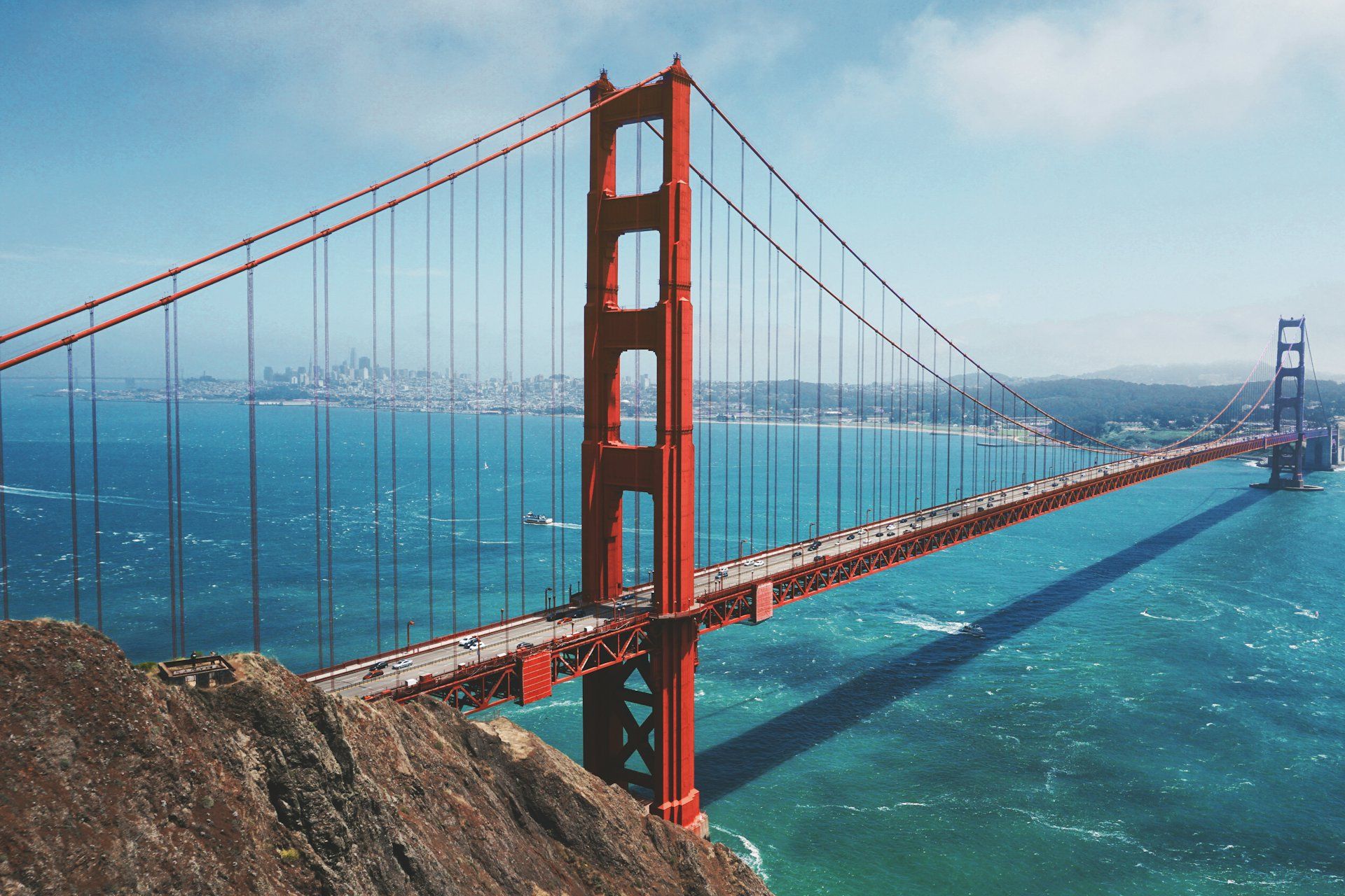 The Golden Gate Bridge with the San Francisco Bay behind it