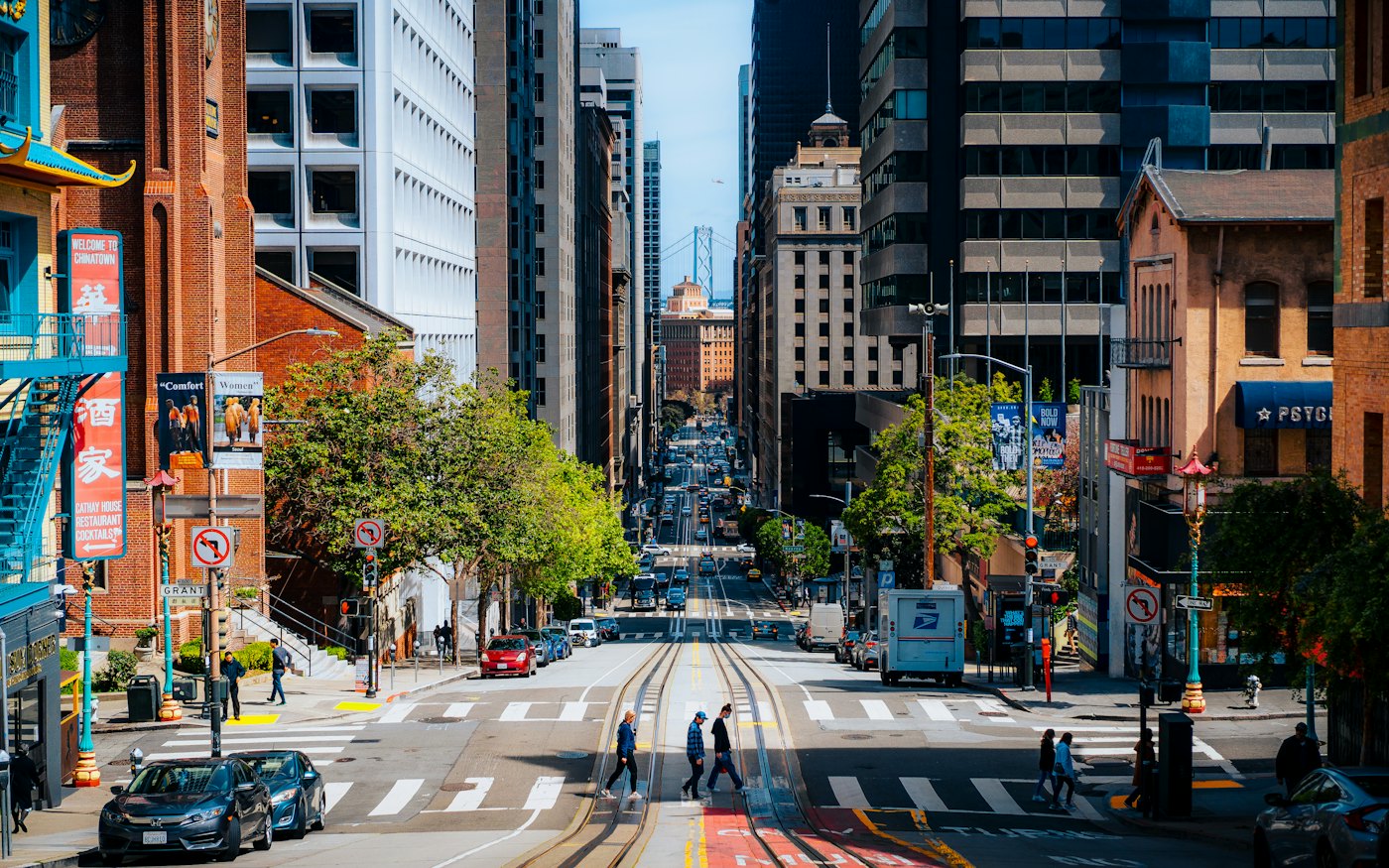 California Street in San Francisco looking down the hill toward the Bay Bridge